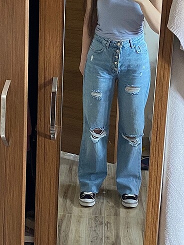 Trendyolmilla mavi önden düğmeli yüksek bel wide leg jeans