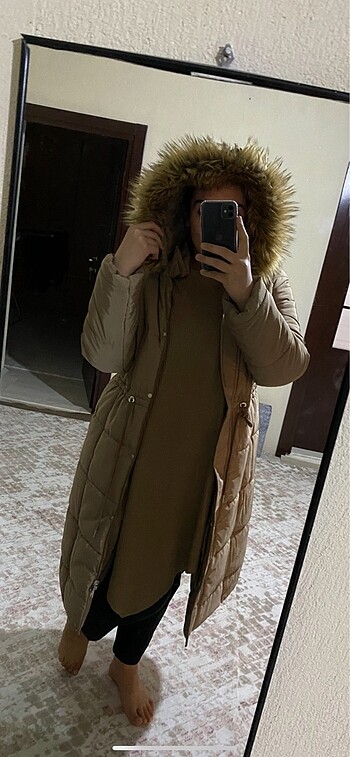 44 Beden camel Renk Tesettür büyük beden uzun mont