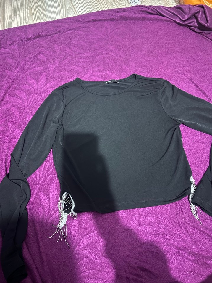 Kızlar İçin Uzun Kollu Siyah Goth Tişört bluz - Görsel 2