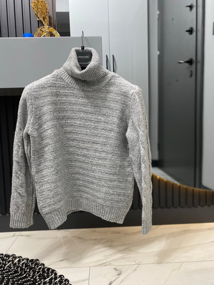 Gri Yün Kadın Boğazlı Triko Kazak - Görsel 2