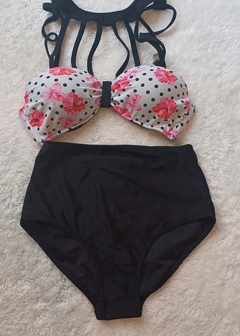Puantiyeli Pembe Çiçekli Vintage Bikini