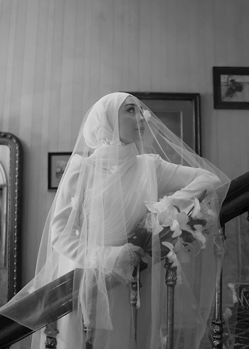 Drapeli Uzun Beyaz Tesettür Abiye nikah elbisesi - Görsel 4