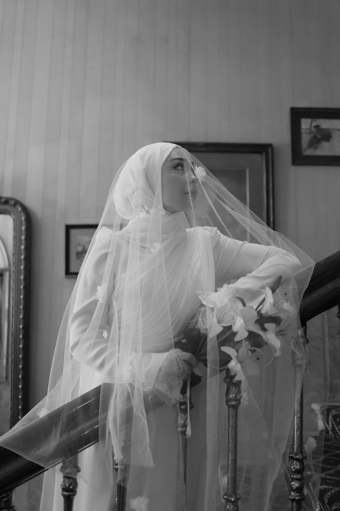 Drapeli Uzun Beyaz Tesettür Abiye nikah elbisesi - Görsel 4