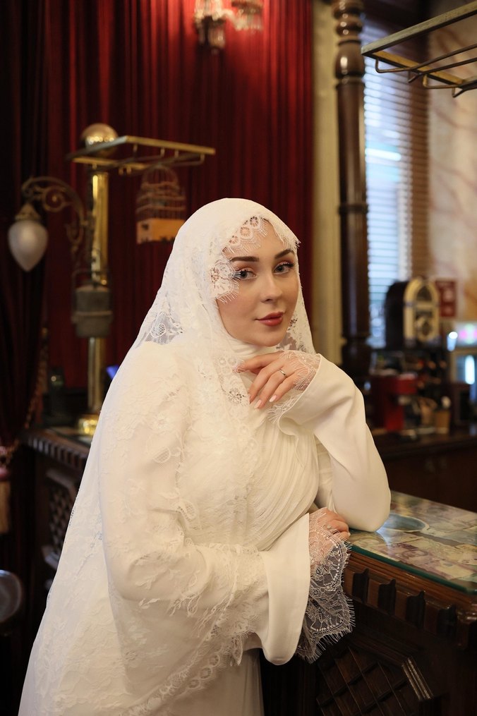 Drapeli Uzun Beyaz Tesettür Abiye nikah elbisesi - Görsel 2