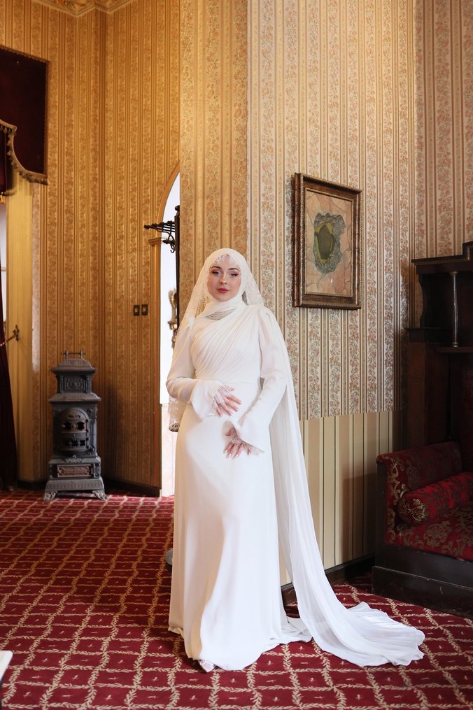 Drapeli Uzun Beyaz Tesettür Abiye nikah elbisesi - Görsel 3