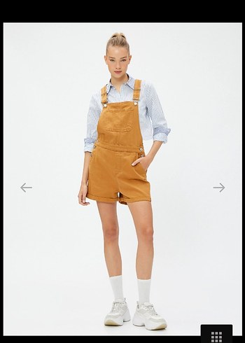 Düğmeli Kahverengi Denim Kısa Tulum - Görsel 3