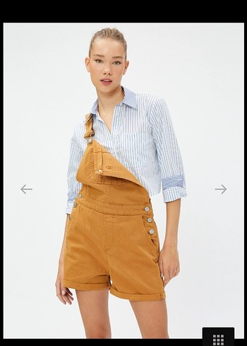 Düğmeli Kahverengi Denim Kısa Tulum - Görsel 4