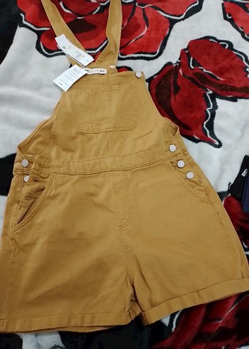 Düğmeli Kahverengi Denim Kısa Tulum - Görsel 7