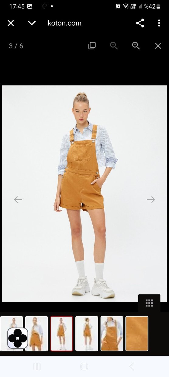 Düğmeli Kahverengi Denim Kısa Tulum - Görsel 3