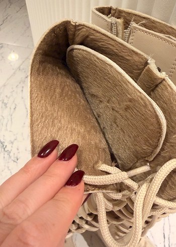 Bej Deri Bağcıklı Dizüstü Kadın Çizme - Görsel 7