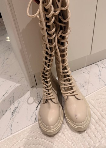 Bej Deri Bağcıklı Dizüstü Kadın Çizme - Görsel 3