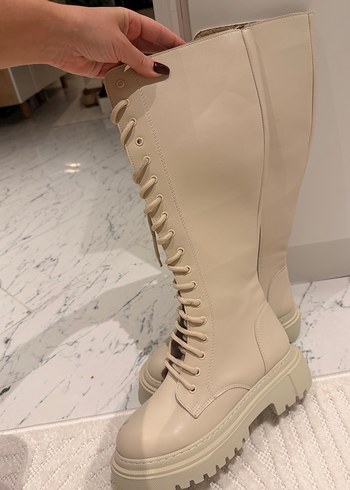 Bej Deri Bağcıklı Dizüstü Kadın Çizme - Görsel 4