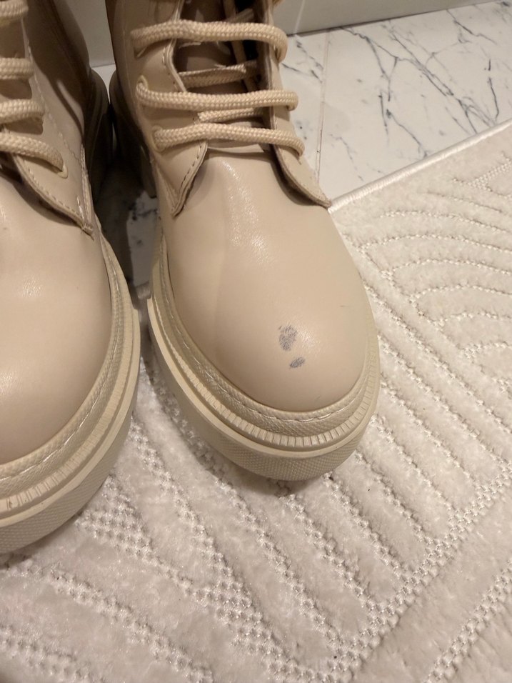 Bej Deri Bağcıklı Dizüstü Kadın Çizme - Görsel 2