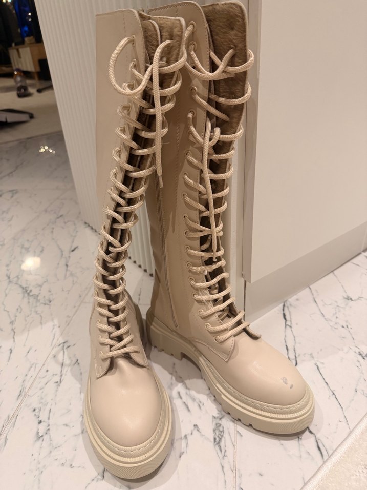 Bej Deri Bağcıklı Dizüstü Kadın Çizme - Görsel 5