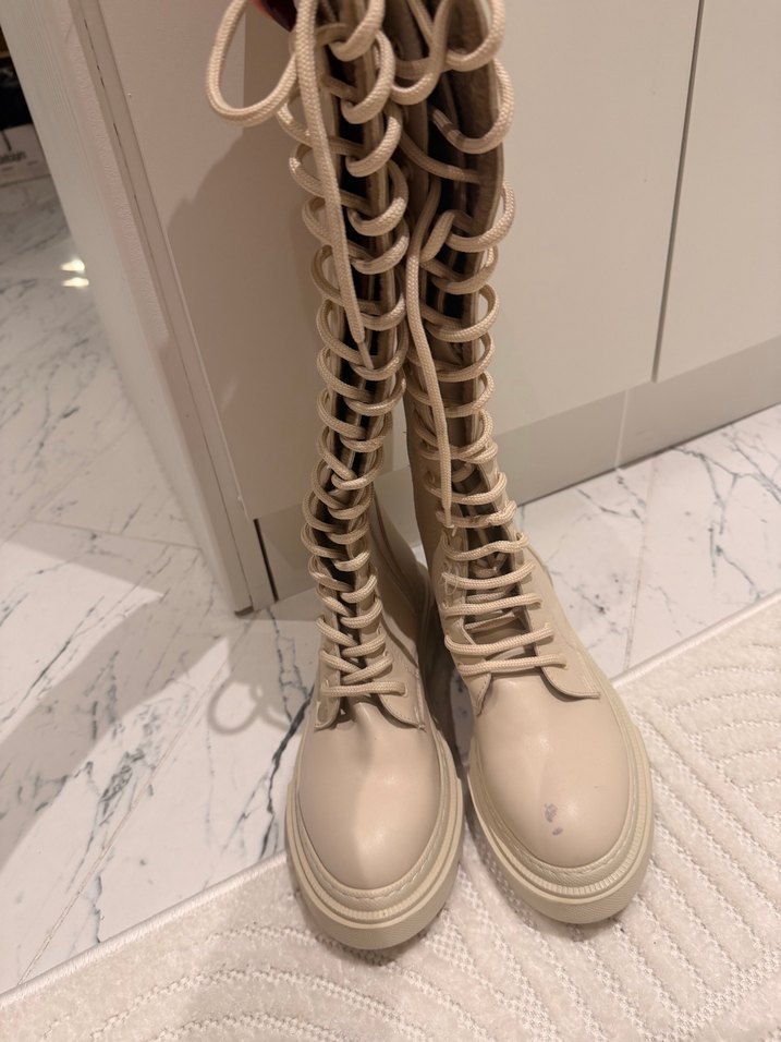 Bej Deri Bağcıklı Dizüstü Kadın Çizme - Görsel 3