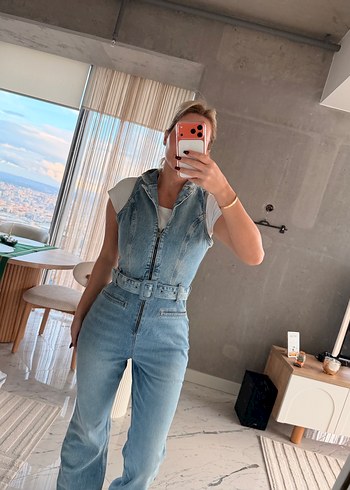 Kadın Kot Tulum, Kemerli, Straplez, Kolsuz - Görsel 2