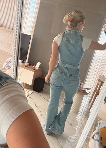 Kadın Kot Tulum, Kemerli, Straplez, Kolsuz - Görsel 4