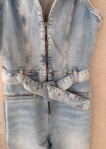 Kadın Kot Tulum, Kemerli, Straplez, Kolsuz - Görsel 8