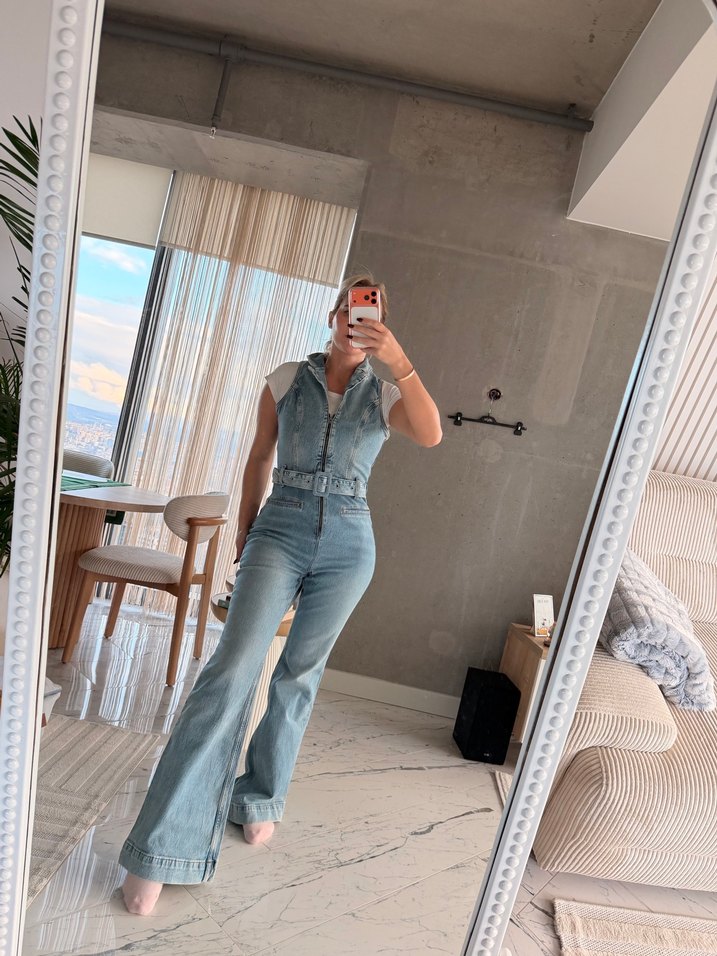 Kadın Kot Tulum, Kemerli, Straplez, Kolsuz - Görsel 3