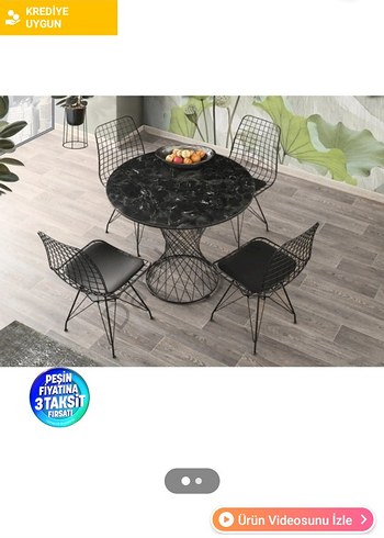 Gri Mermer Desenli Yuvarlak Masa ve Siyah Tel Sandalyeler - Görsel 4