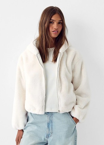 Bershka Bershka peluş kapşonlu ceket krem