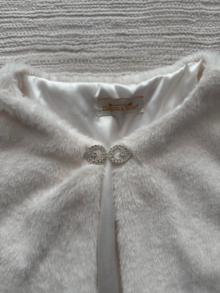 Beyaz broşlu Kürk Detaylı Bolero şal gelin şalı - Görsel 3