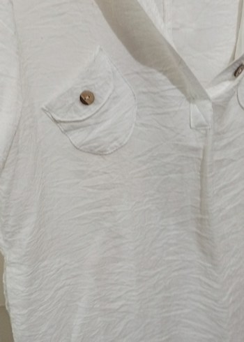Düğmeli Beyaz Keten Kadın Gömlek - Görsel 3