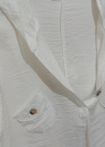 Düğmeli Beyaz Keten Kadın Gömlek - Görsel 4