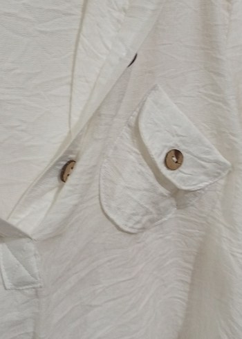 Düğmeli Beyaz Keten Kadın Gömlek - Görsel 7
