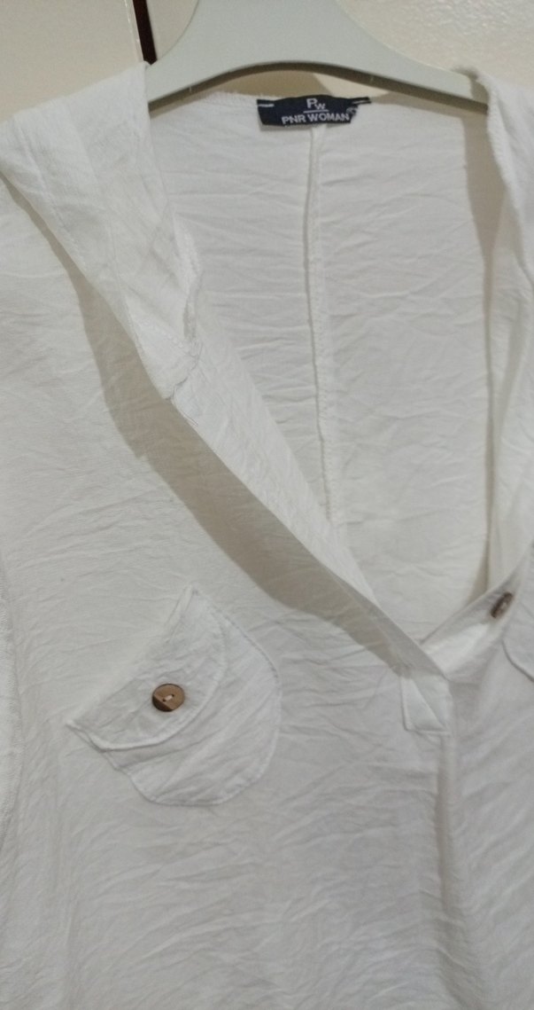 Düğmeli Beyaz Keten Kadın Gömlek - Görsel 4