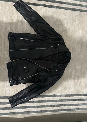 l Beden erkek Siyah Deri Biker Ceket