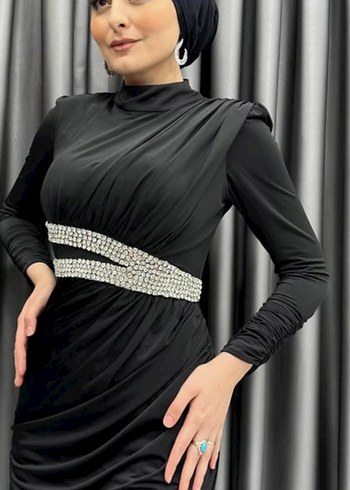 40 Beden Uzun Siyah Yılan Desenli Gotik Abiye Elbise