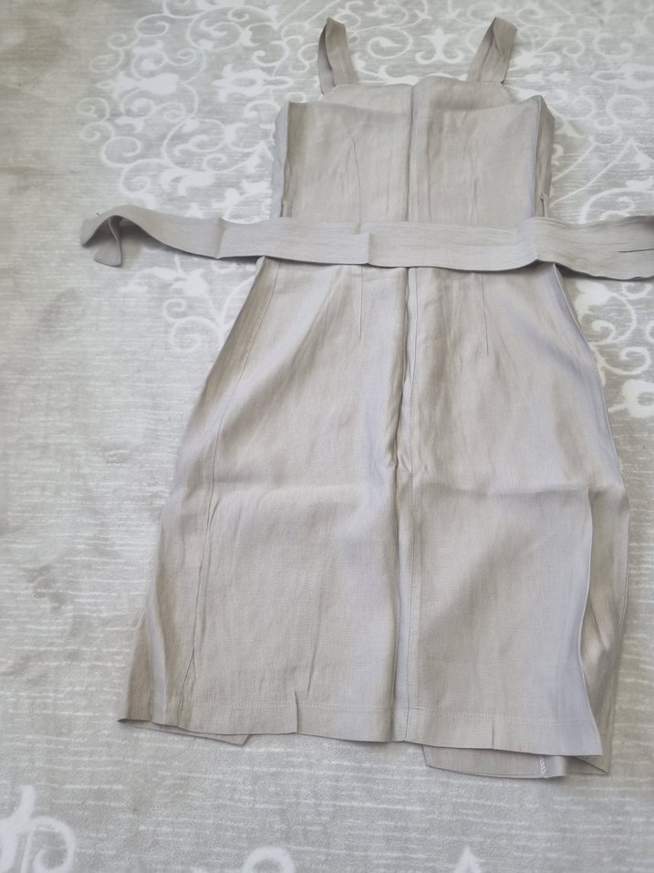 Kemerli Bej Keten Kadın elbise - Görsel 3