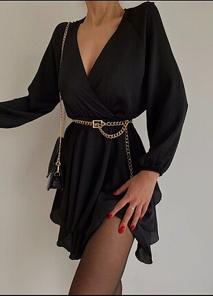 Siyah mini kruvaze elbise şifon 