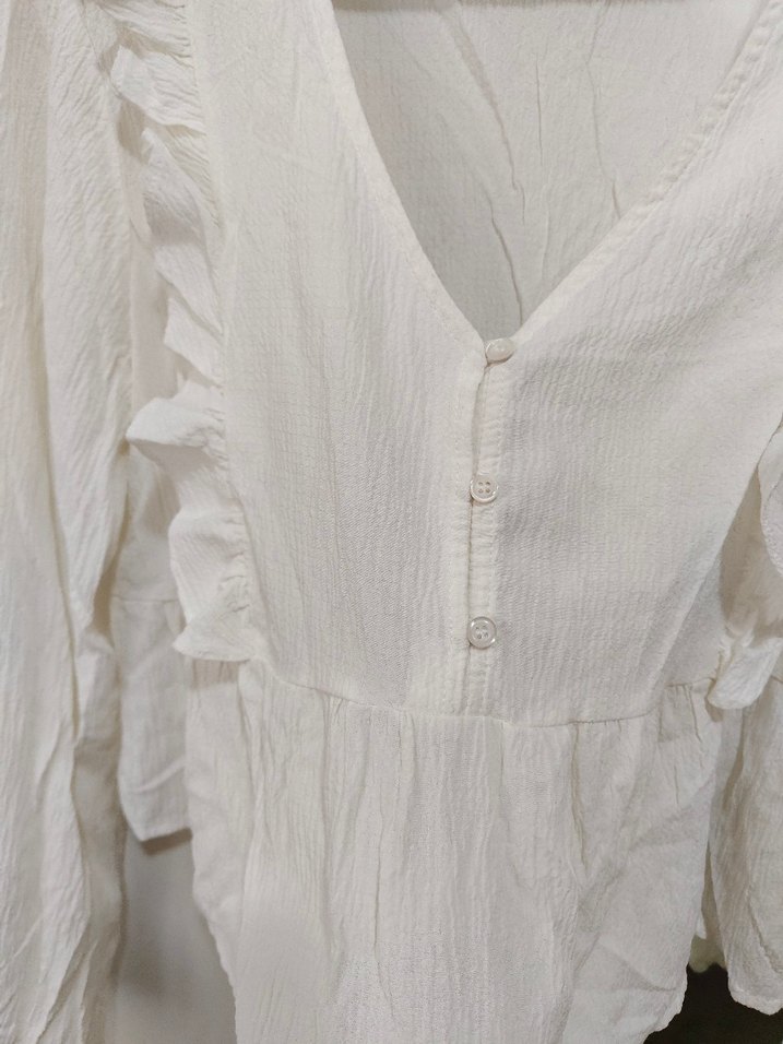 Fırfırlı Beyaz Keten Bohem Bluz - Görsel 3
