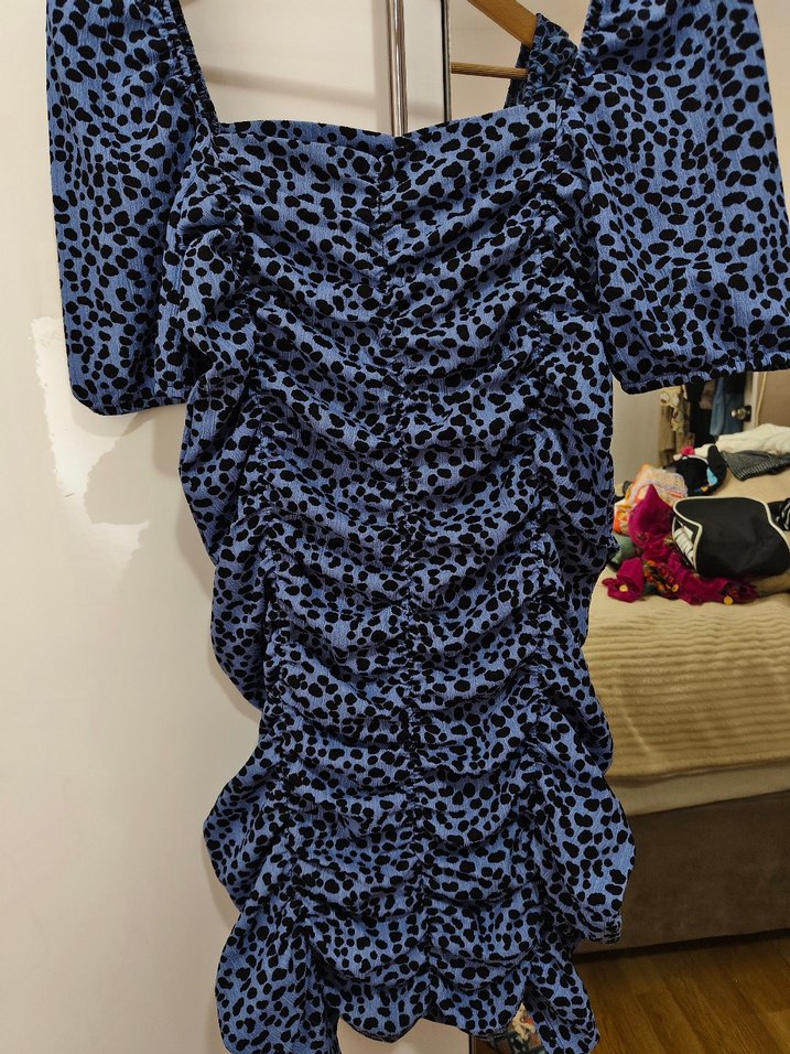 Koyu Mavi Leopar Desenli Mini Elbise - Görsel 3