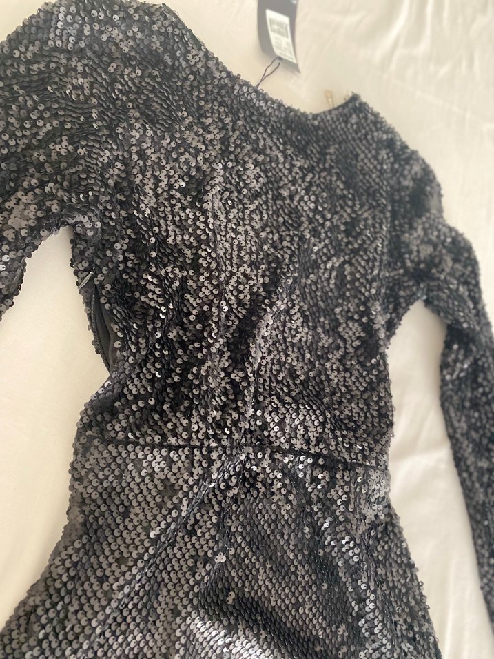 Siyah Parlak Yılan Desenli Uzun Kollu Elbise - Görsel 2