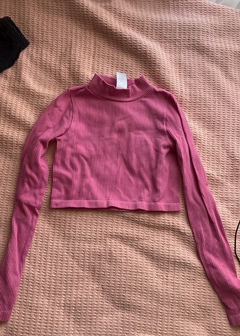 Pembe Yüksek Yakalı Kadın Crop Top