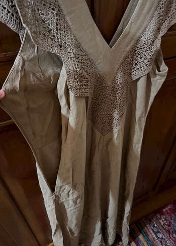 V Yaka Dantel Detaylı Keten Bohem Elbise - Görsel 5