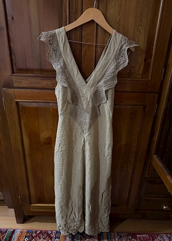 V Yaka Dantel Detaylı Keten Bohem Elbise - Görsel 2