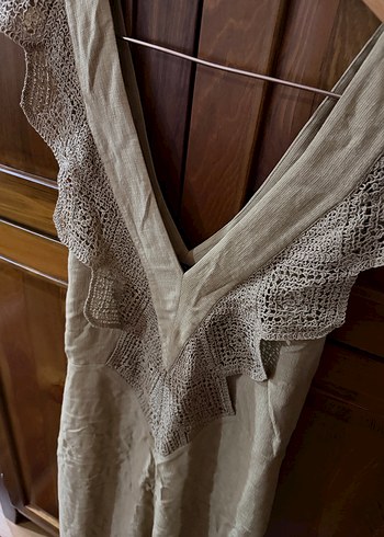 V Yaka Dantel Detaylı Keten Bohem Elbise - Görsel 3