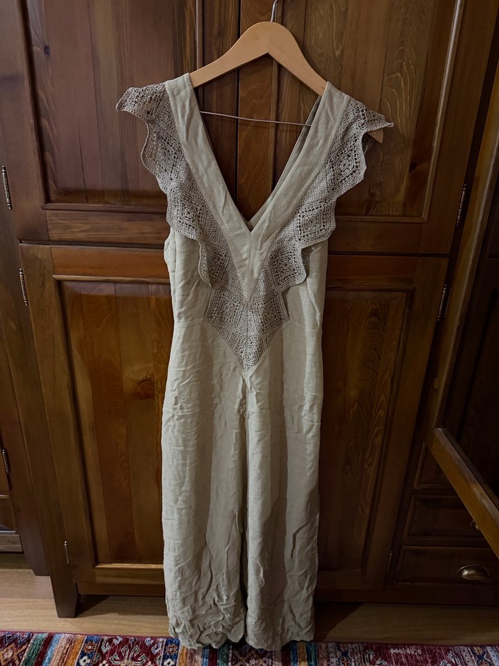 V Yaka Dantel Detaylı Keten Bohem Elbise - Görsel 2