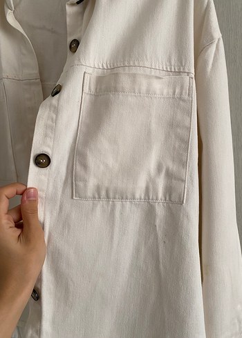 Defacto Beyaz Keten Kadın Gömlek Ceket - Görsel 2