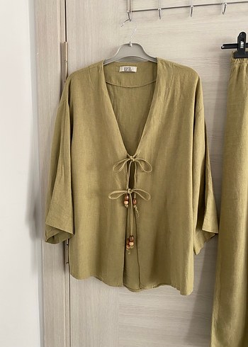 Moda Aksa Keten yeşil Kimono Takım - Görsel 2