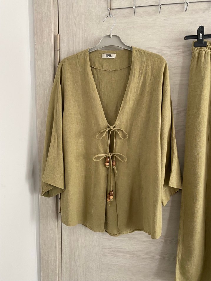 Moda Aksa Keten yeşil Kimono Takım - Görsel 2