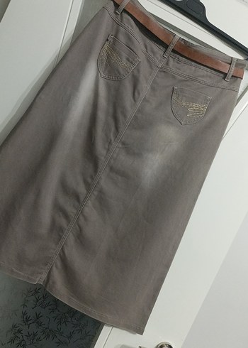 Gri Deri Midi Kemerli Kadın Etek - Görsel 3