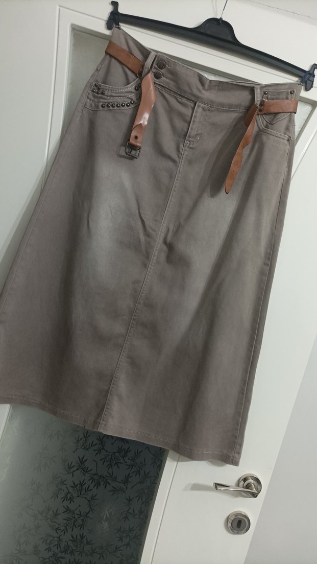 Gri Deri Midi Kemerli Kadın Etek - Görsel 2