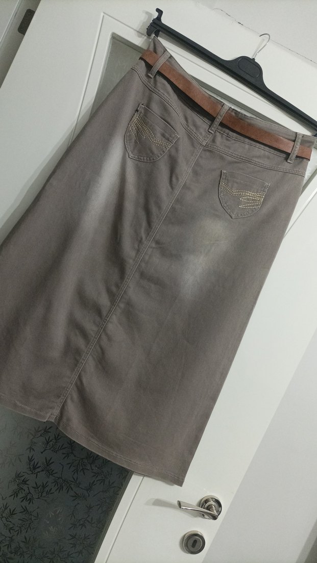 Gri Deri Midi Kemerli Kadın Etek - Görsel 3