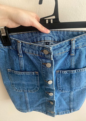 Düğmeli Mavi Kot Mini Etek - Görsel 4