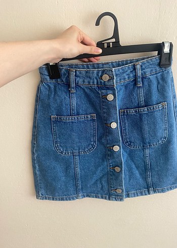 Düğmeli Mavi Kot Mini Etek - Görsel 2